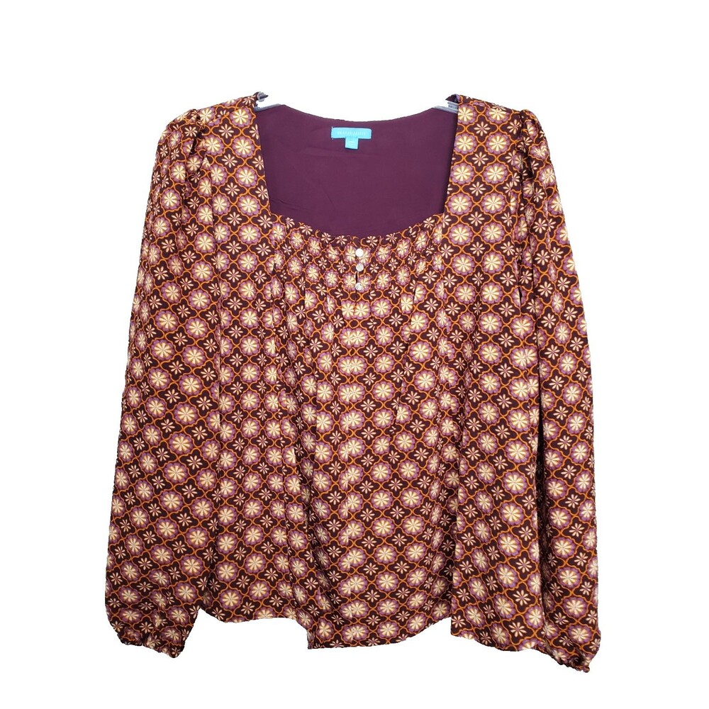 Draper James Square Neck Multicolor Geo Print Lined Long Sleeve Blouse Size XXL